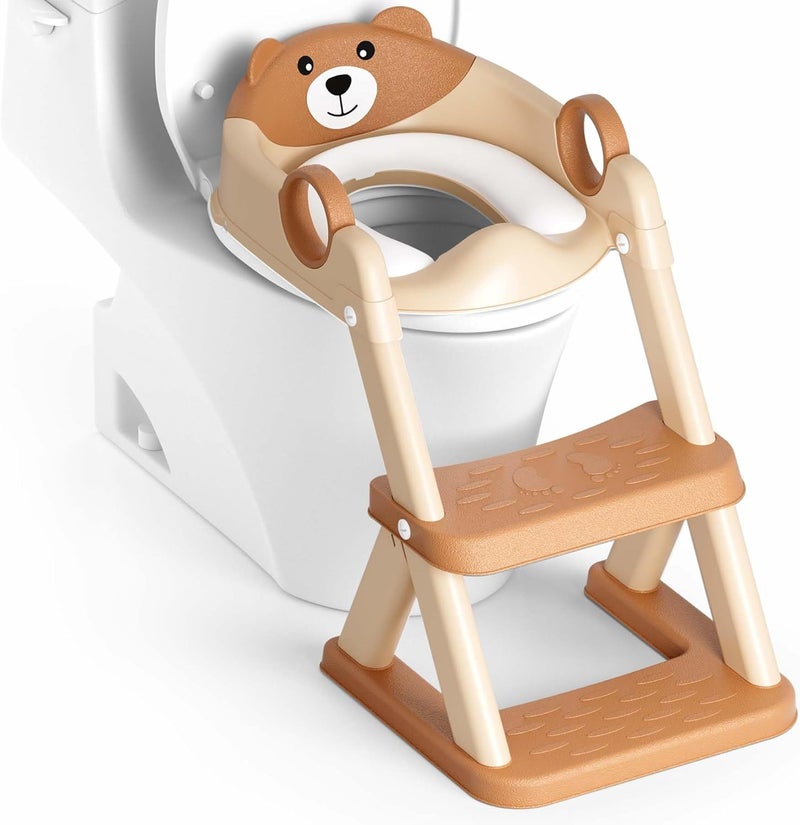 Rabb 1st Potty Training Seat, Upgrade Toddler Toilet Seat for Kids Boys Girls, 2 in 1 Potty Training Toilet for Kids, Splash Guard Anti-Slip Pad Step Stool（Brown） - Image 1
